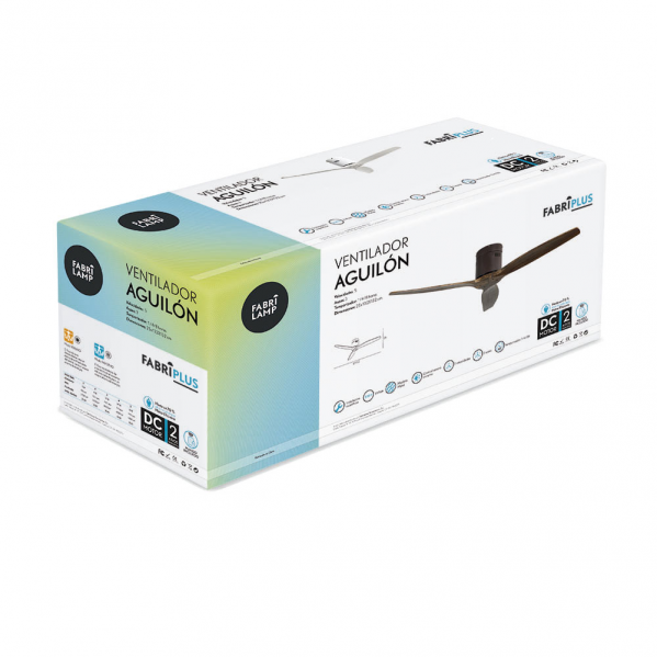 Una caja de embalaje blanca con la marca del ventilador de techo Fabrilamp Aguilón e imágenes del producto sobre fondo blanco.