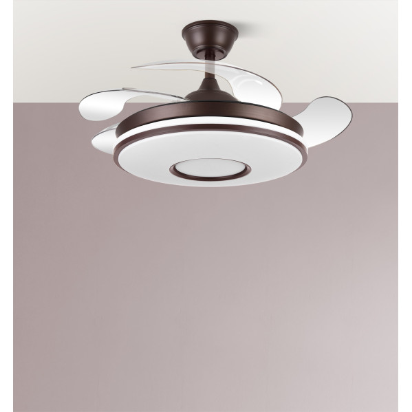 Moderna lámpara de ventilador de techo marrón con aspas transparentes retraídas e iluminación LED circular.