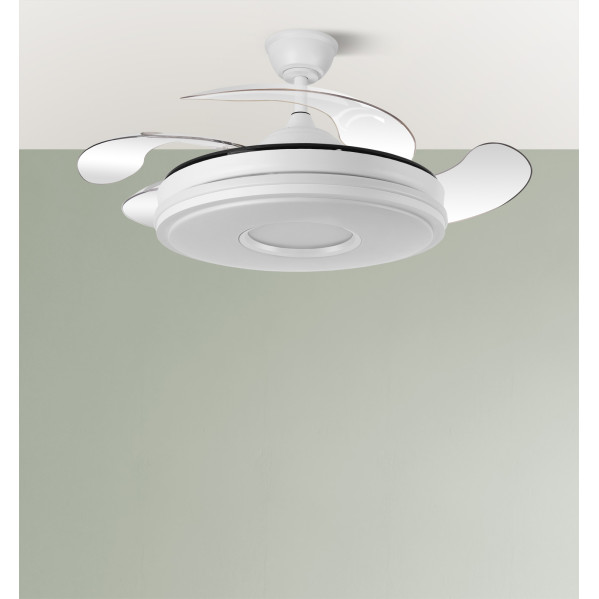 Moderno ventilador de techo blanco con aspas transparentes retráctiles e iluminación redonda integrada.