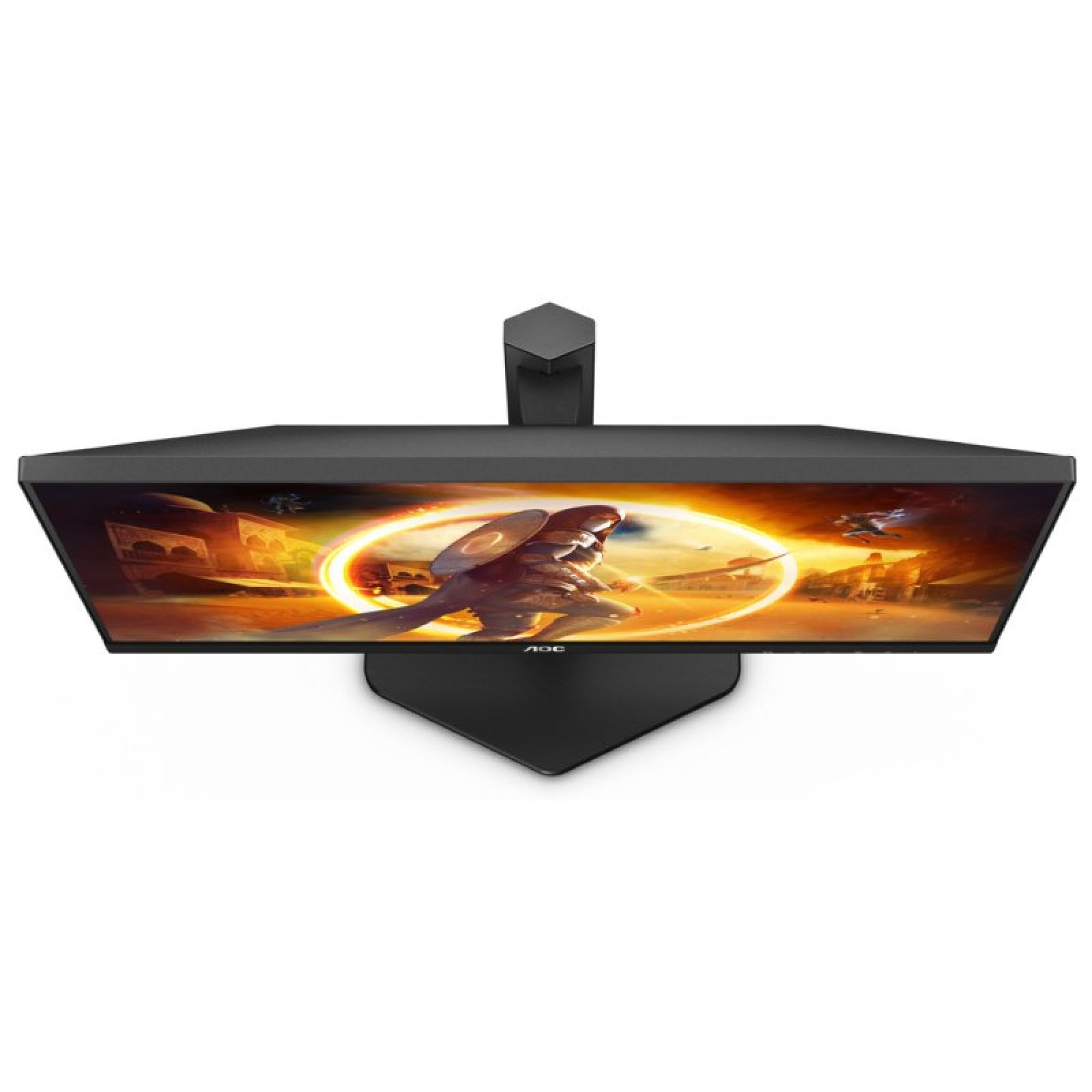 Top-down-Ansicht eines schwarzen Monitors mit einem farbigen Gaming-Hintergrundbild.