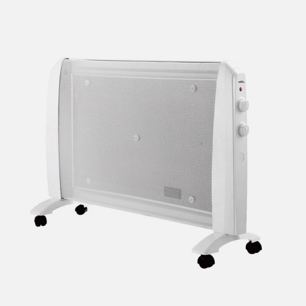 Un termoconvettore elettrico bianco con ruote su sfondo neutro.