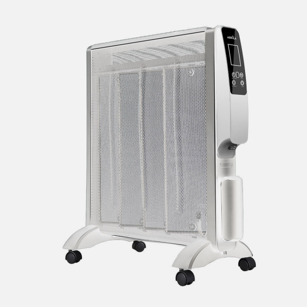 Una moderna stufa a convezione bianca con rotelle e display digitale su sfondo chiaro.