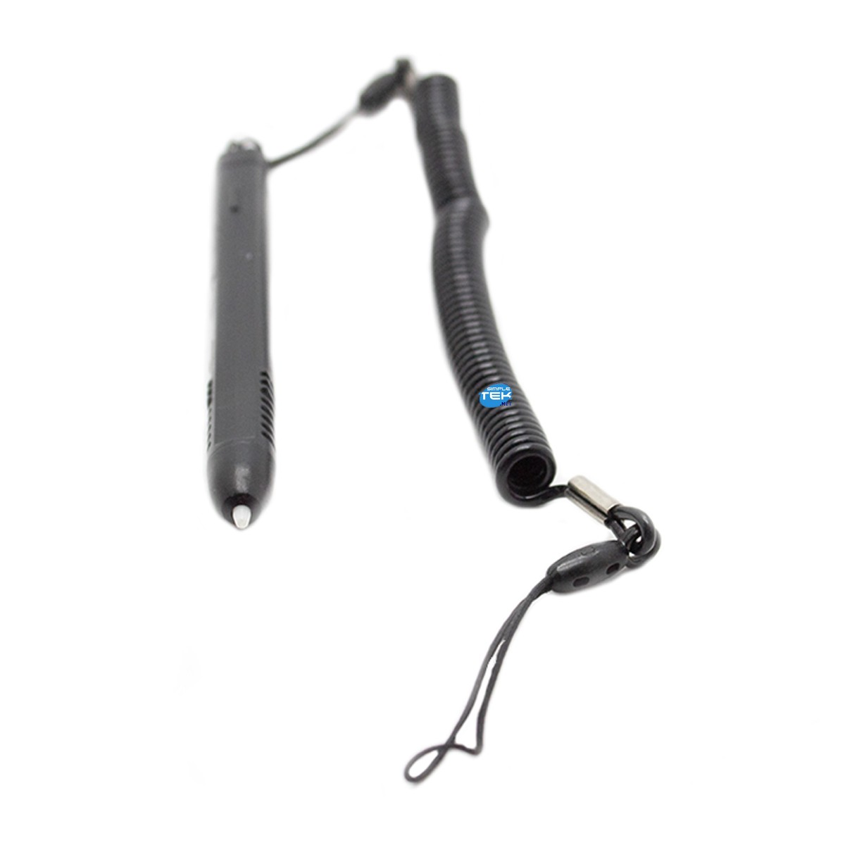 Ein schwarzer Eingabestift mit weißer Spitze an einer Spiralschnur vor weißem Hintergrund.