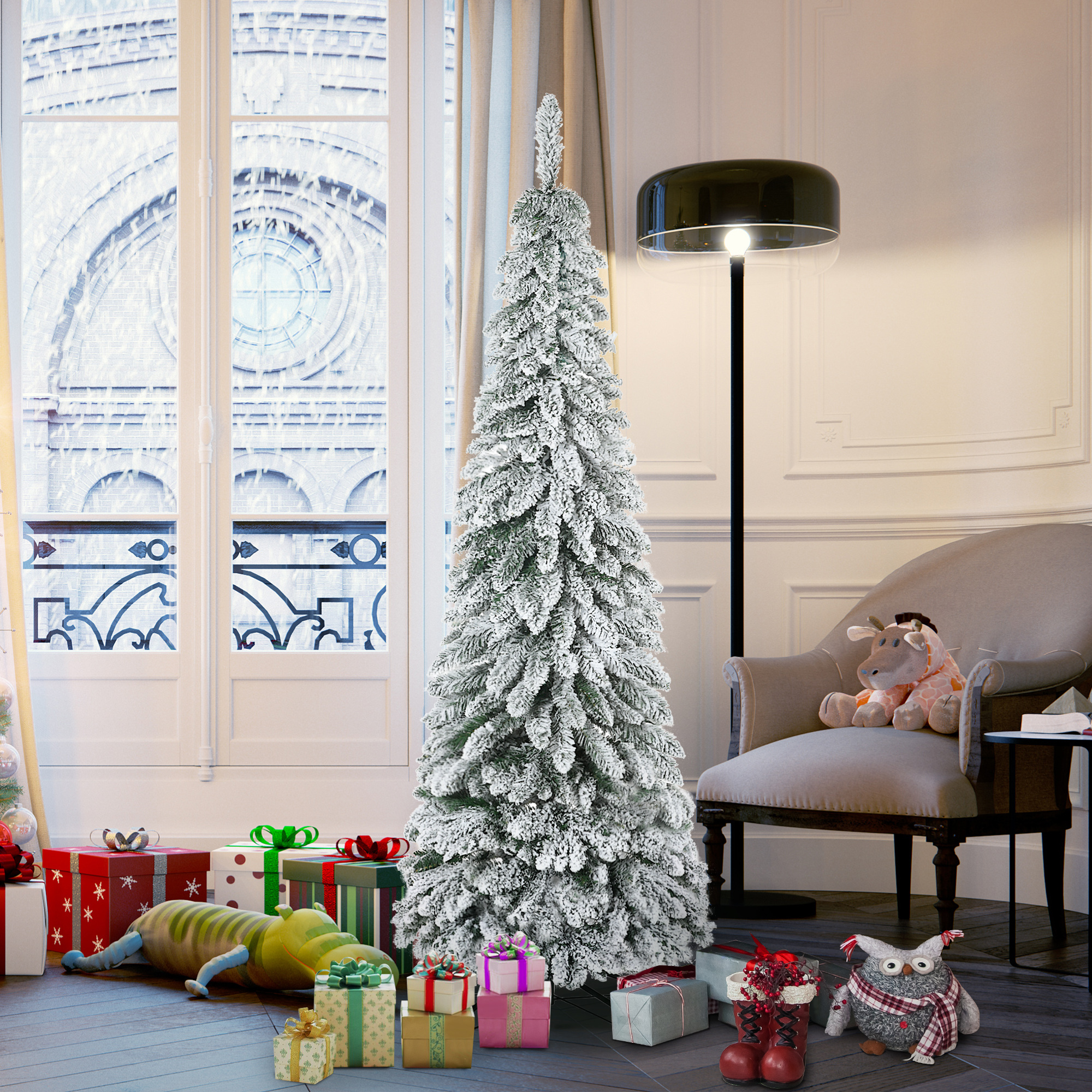 Un árbol de Navidad cubierto de nieve en una habitación con regalos, un sillón y una lámpara.
