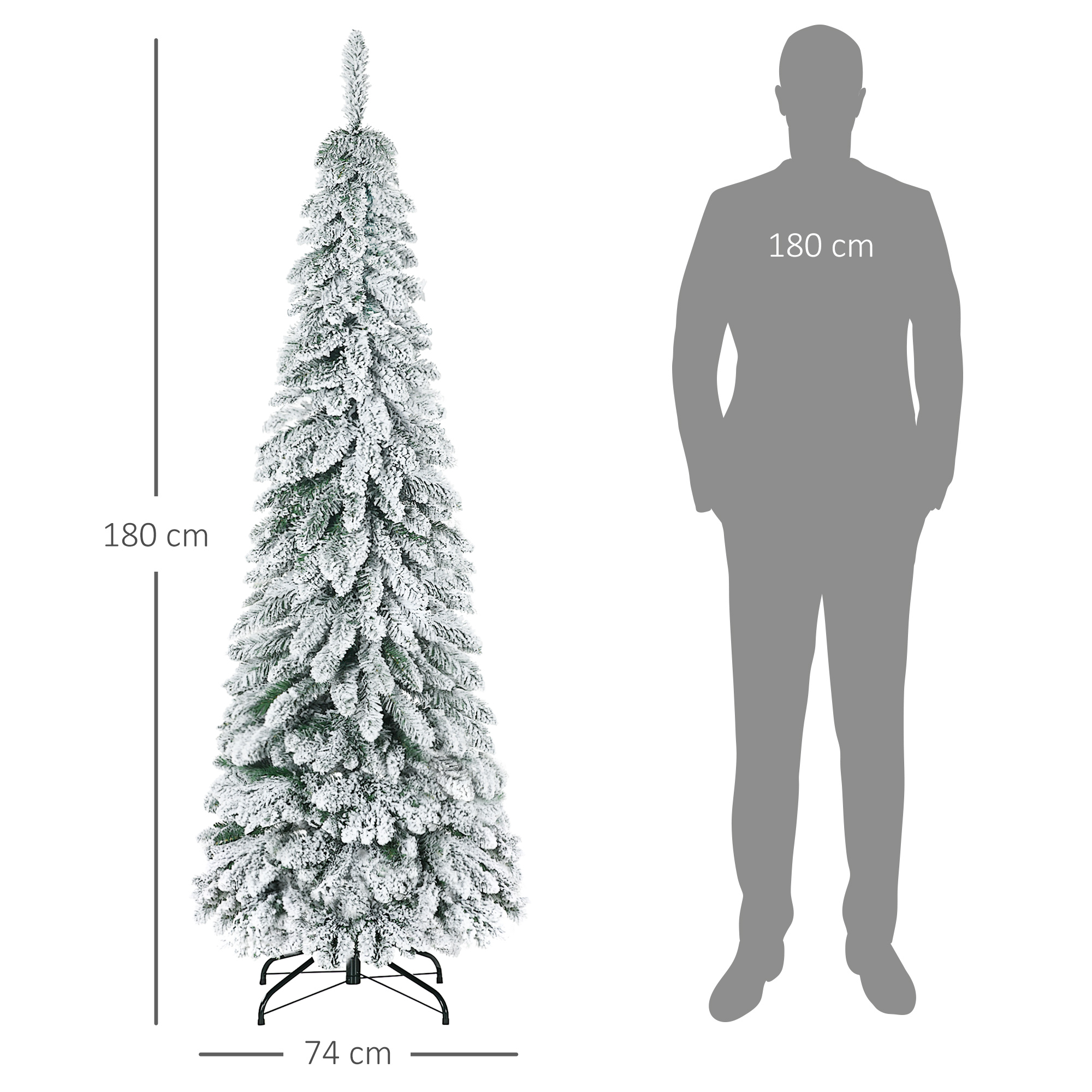 Un árbol de Navidad artificial nevado de 180 cm junto a una silueta humana para comparar la escala.