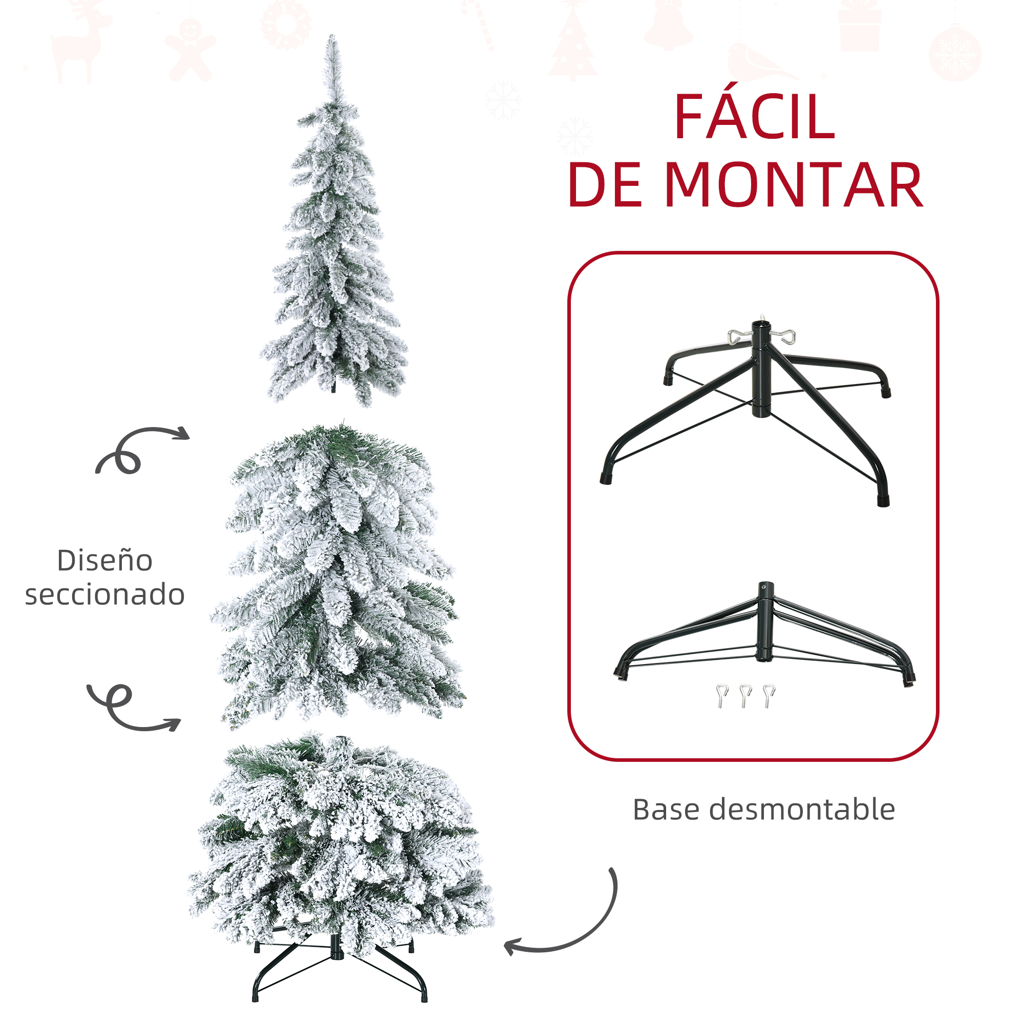 Diagrama que muestra el montaje de un árbol de Navidad artificial nevado con base desmontable.
