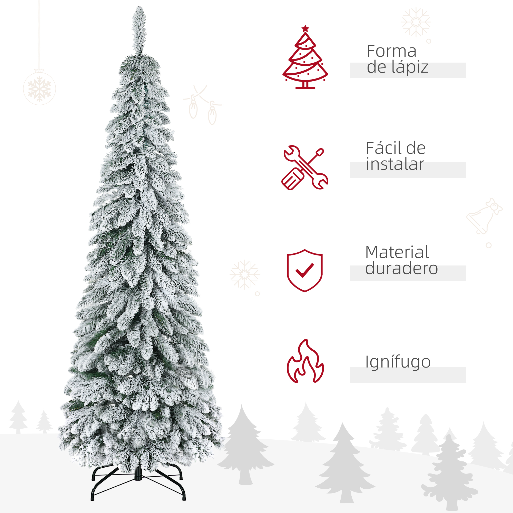 Árbol de Navidad lápiz flocado con iconos que detallan características: forma de lápiz, fácil instalación, duradero, ignífugo.