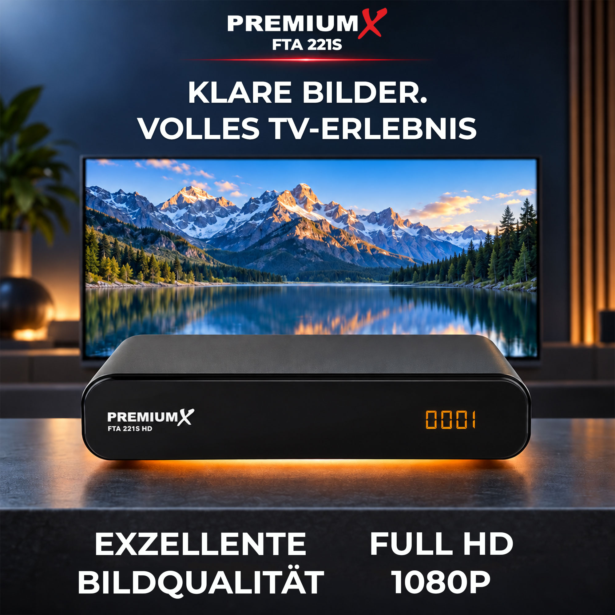 PremiumX FTA 221S HD Receiver auf einem Tisch mit TV, der Berglandschaft und Text zeigt.