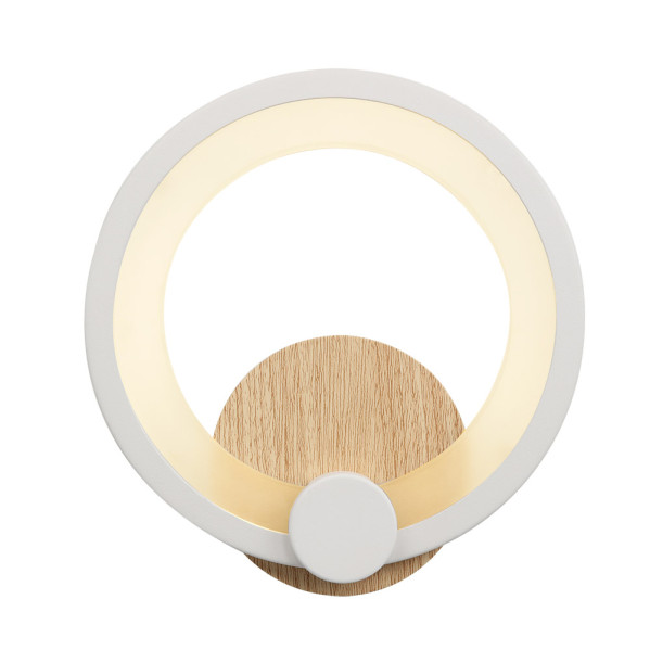 Una lámpara de pared blanca redonda con veta de madera y luz cálida.