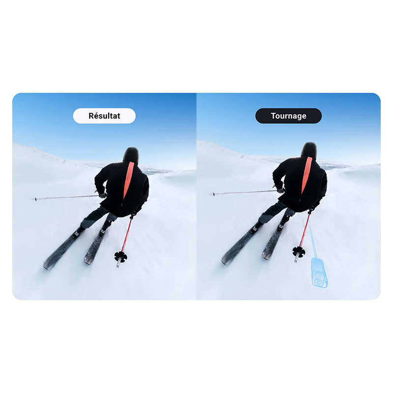 Confronto di due immagini di uno sciatore su pista innevata, con testo in francese Résultat e Tournage.