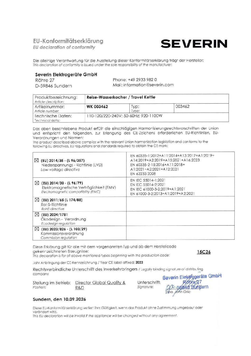 Dichiarazione UE di conformità per il bollitore da viaggio Severin con dati tecnici.