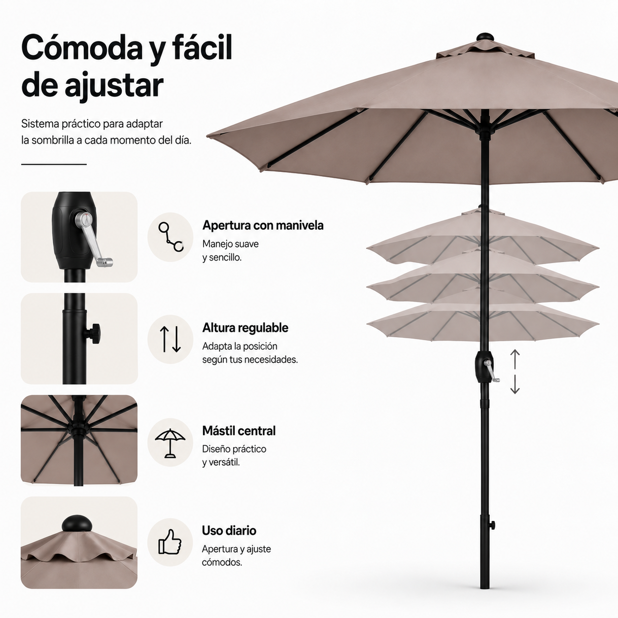 Sombrilla beige con manivela, altura regulable y mástil negro.