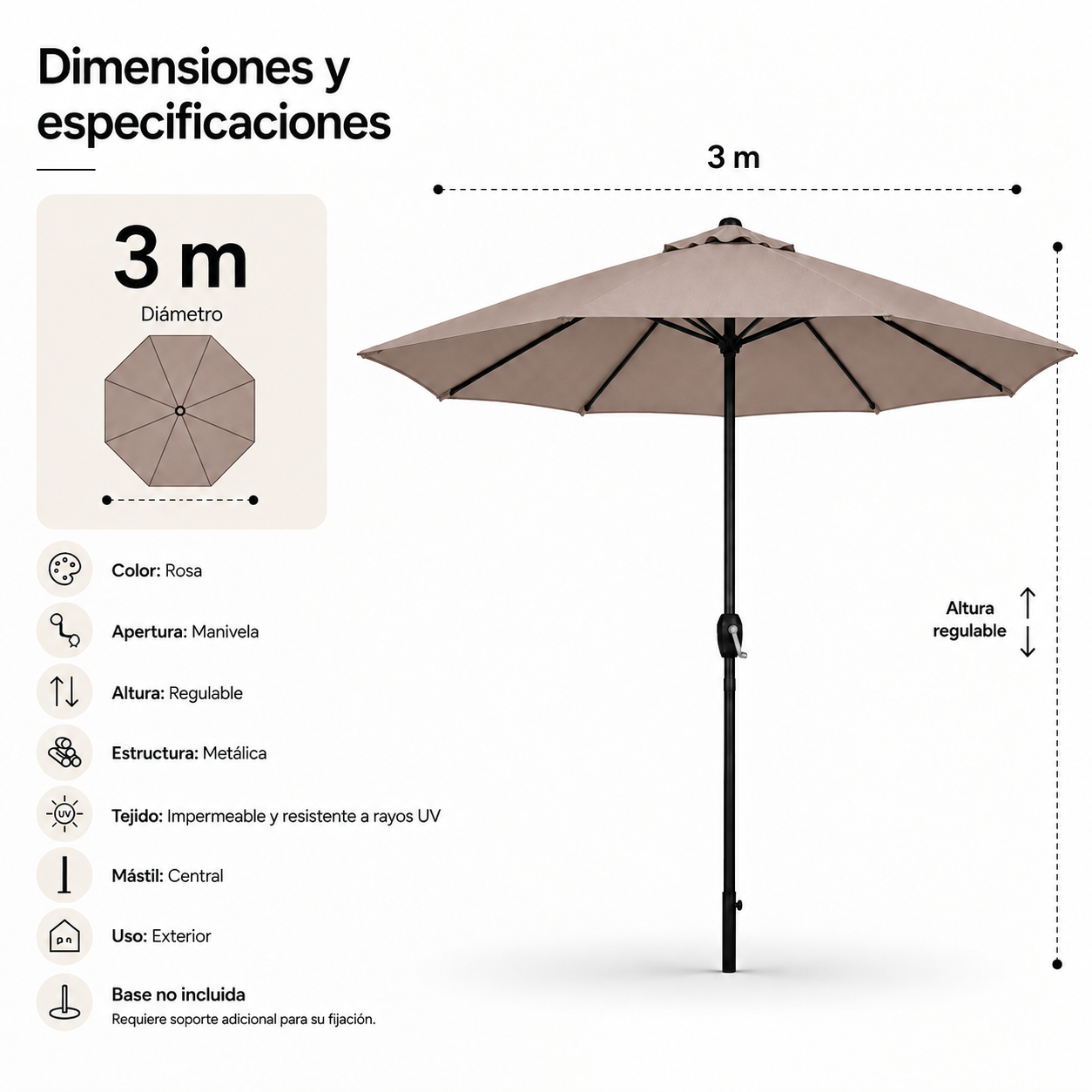 Diagrama que muestra una sombrilla rosa de 3m con dimensiones, manivela y tela UV.