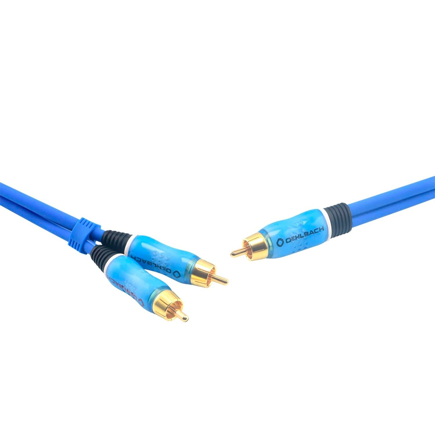 Cables de audio RCA azules con conectores dorados sobre fondo blanco.