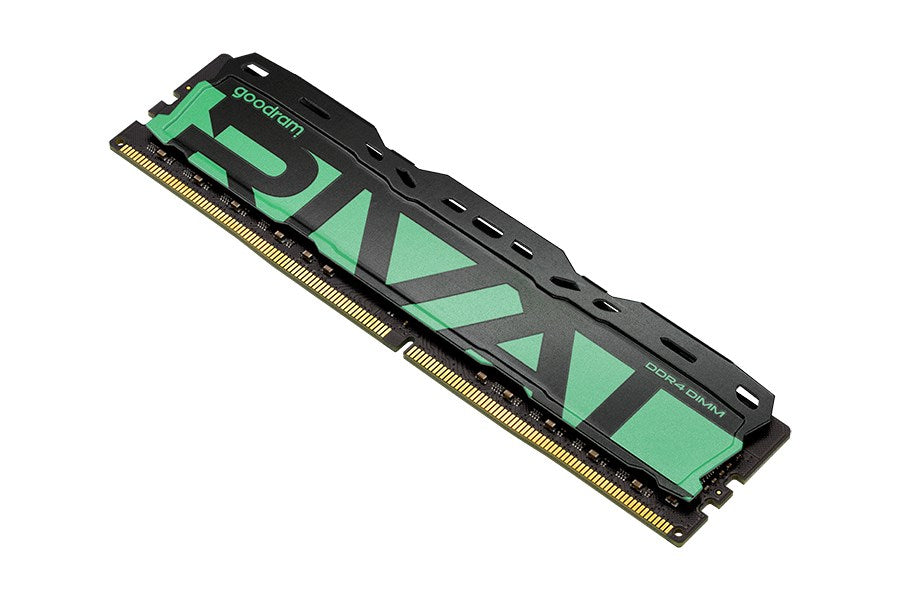 Kość pamięci RAM Goodram IRDM DDR4 DIMM z zielonym wzorem na czarnym radiatorze.
