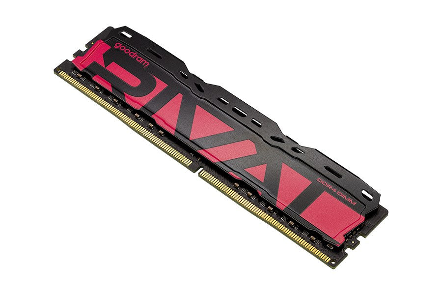 Czarny radiator pamięci RAM DDR4 z czerwonymi akcentami i logo Goodram na białym tle.