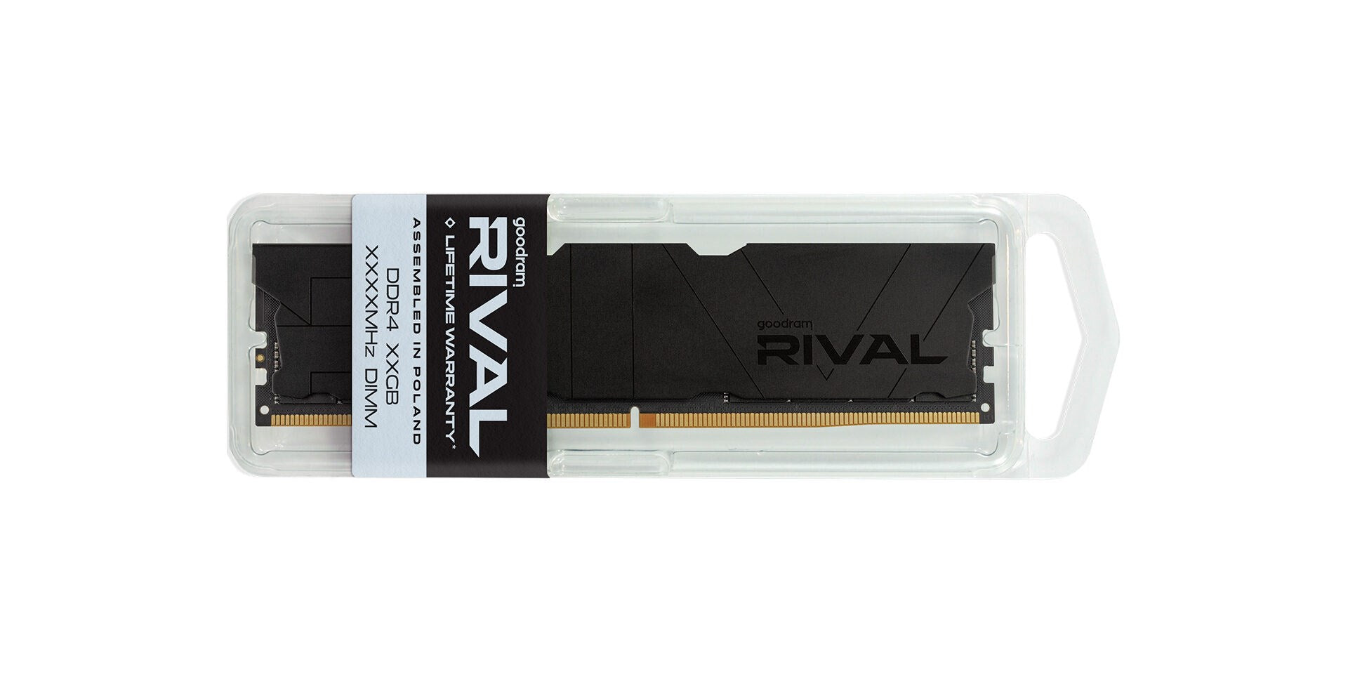 Moduł pamięci RAM Goodram Rival DDR4 w czarnym opakowaniu z białym i szarym napisem na białym tle.