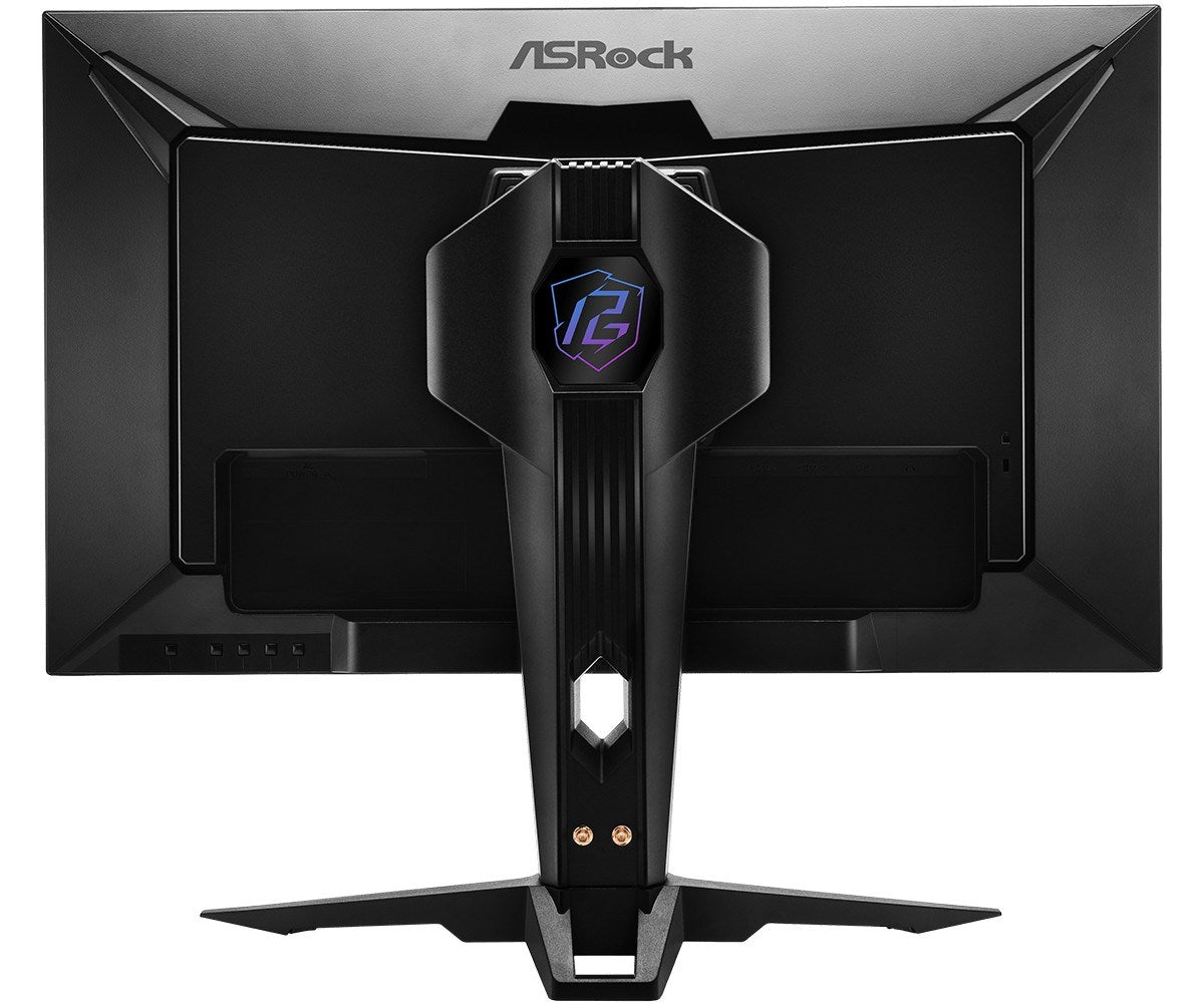 Tył czarnego monitora gamingowego ASRock ze stojakiem i podświetlanym logo.