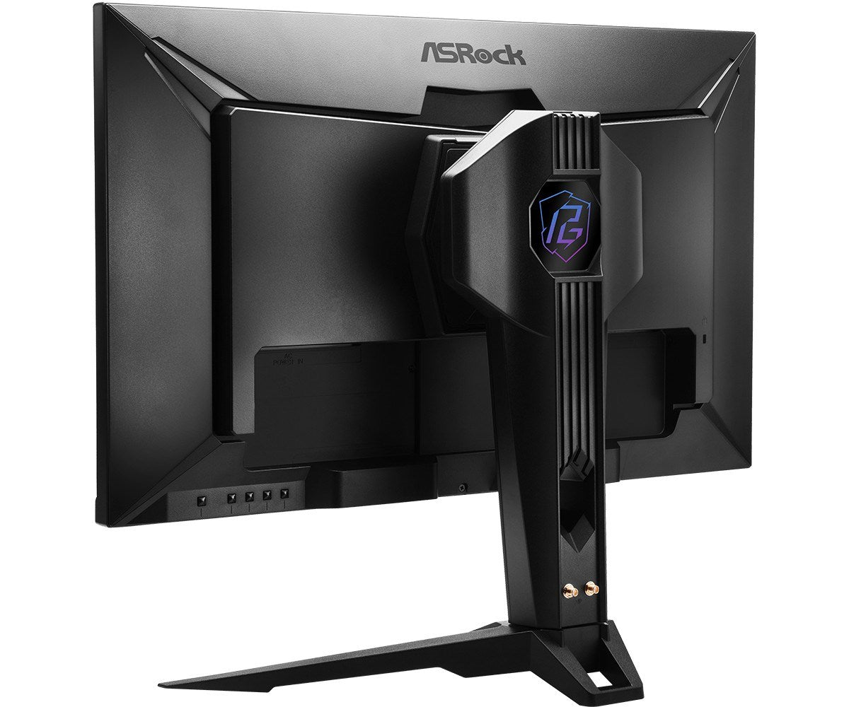 Tył czarnego monitora ASRock z podstawką i niebieskim podświetleniem na białym tle.