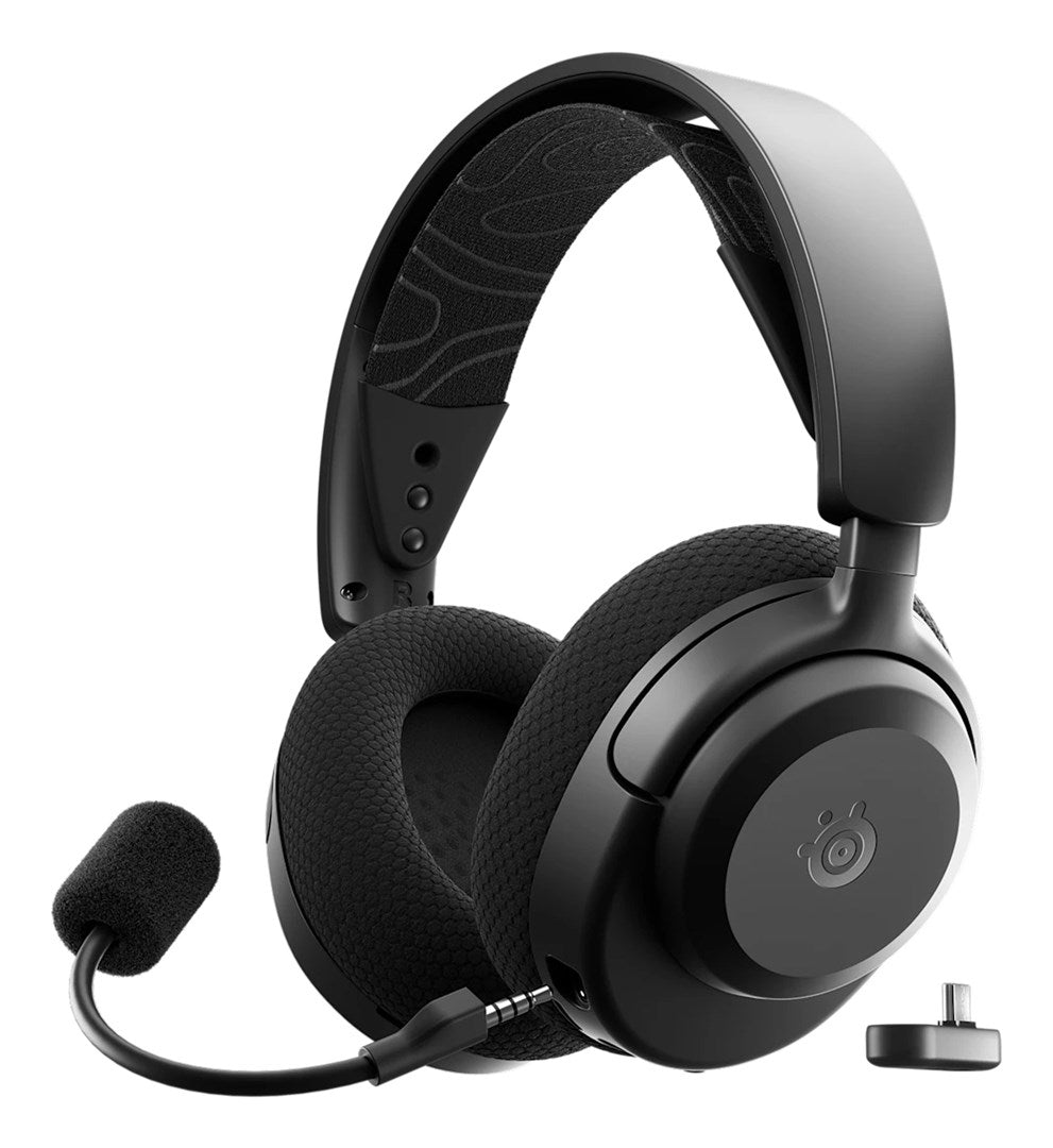 Cuffie da gioco nere con archetto, cuscinetti in tessuto, microfono staccabile e piccolo ricevitore USB.