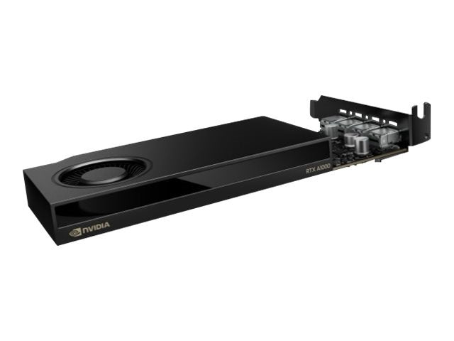 Una scheda grafica nera NVIDIA RTX A1000 con una ventola su sfondo bianco.