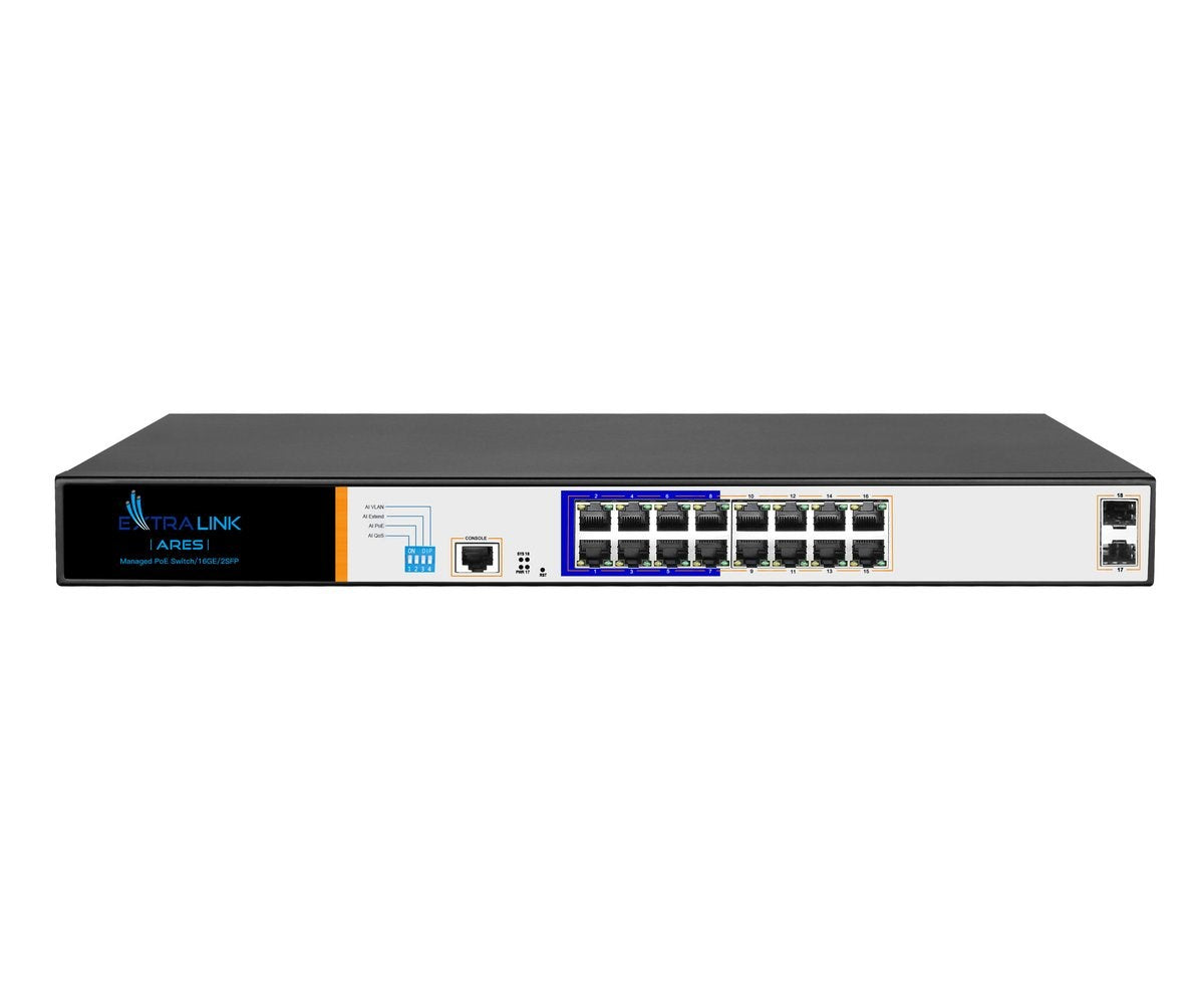 Czarny zarządzany przełącznik PoE Extralink Ares z wieloma portami RJ45 i SFP na białym tle.