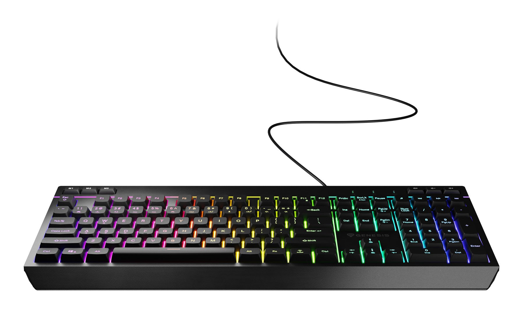 Una tastiera da gioco cablata nera con retroilluminazione RGB multicolore e cavo USB su sfondo bianco.