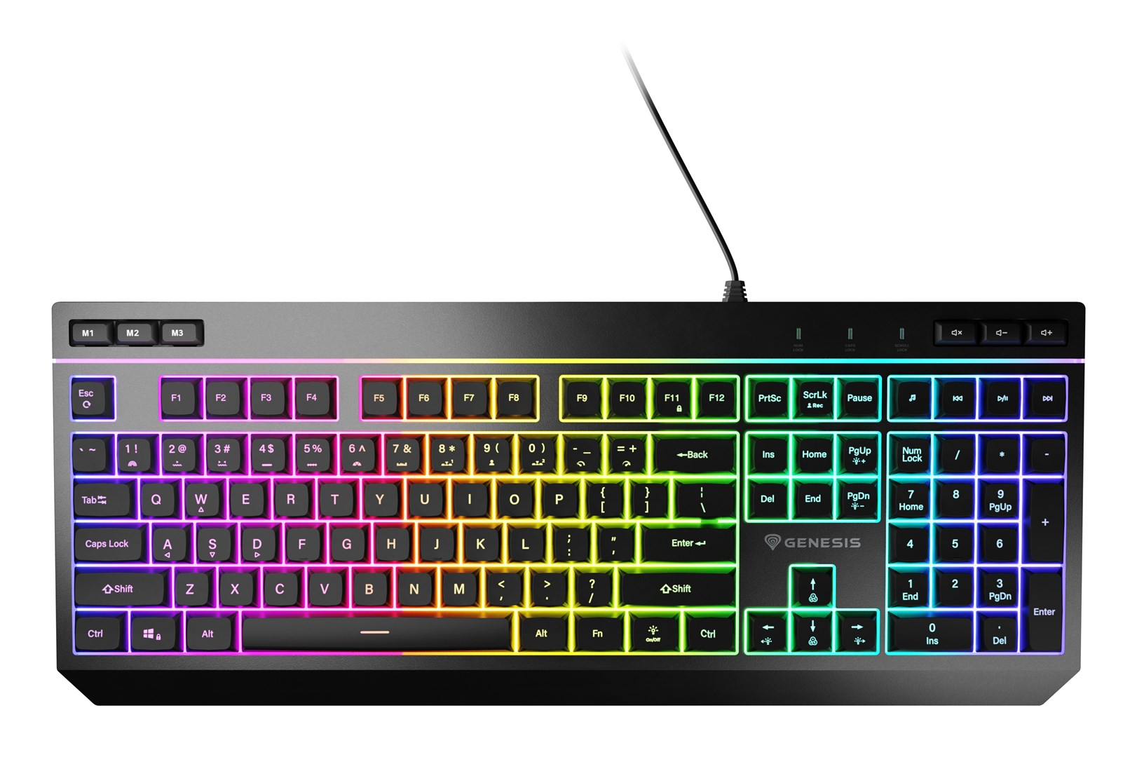 Tastiera da gioco nera con retroilluminazione RGB colorata, cavo e layout completo.