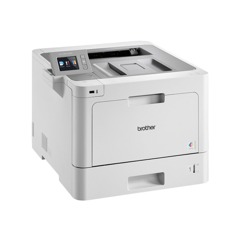 Una stampante laser bianca Brother con un piccolo display in alto a sinistra su sfondo bianco.