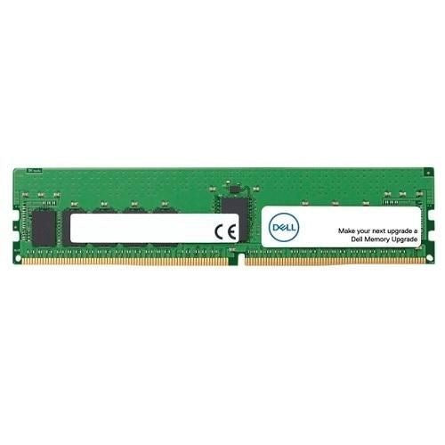 Un banco di RAM Dell verde con pin dorati e due etichette bianche su sfondo bianco.