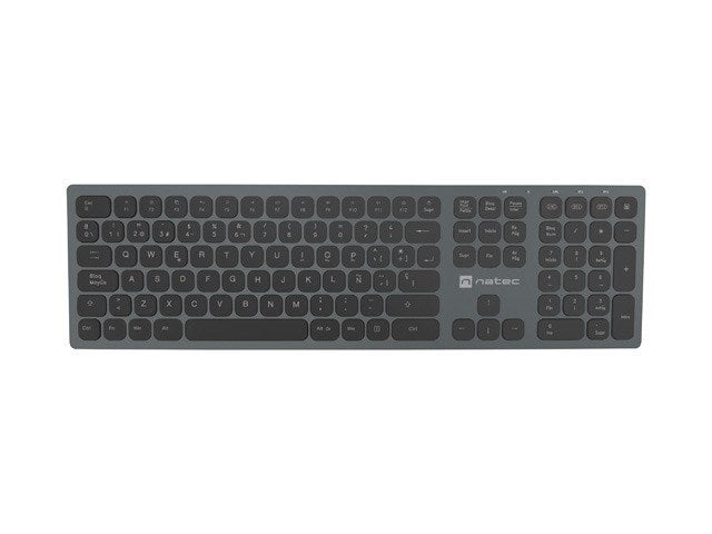Un teclado inalambrico gris con teclas redondeadas y un teclado numerico sobre un fondo blanco.