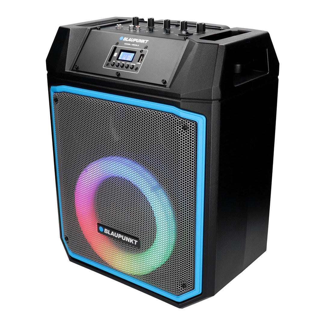 Enceinte portable Blaupunkt noire avec accent bleu, anneau LED coloré et boutons de commande supérieurs.