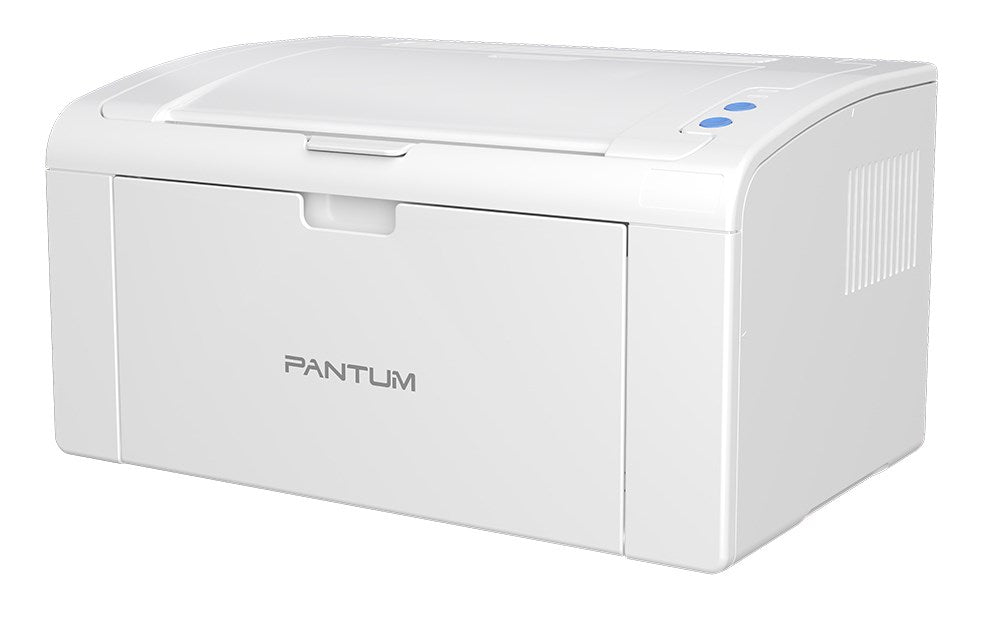 Una stampante laser Pantum bianca e compatta su sfondo bianco.