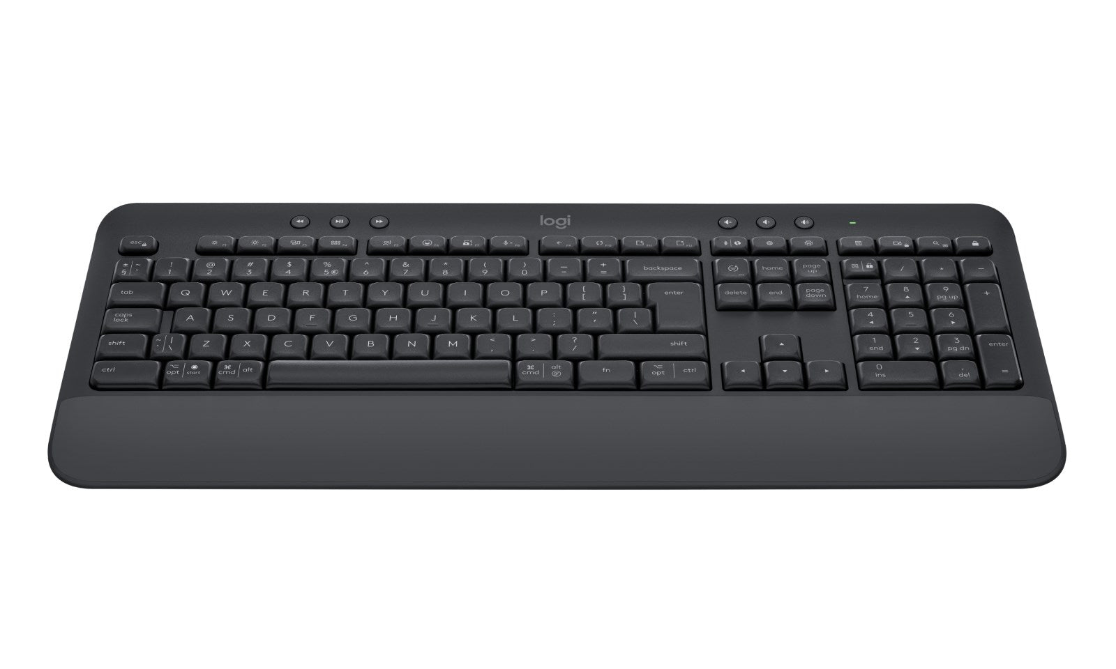Un clavier sans fil Logitech noir doté d'un repose-poignets intégré.