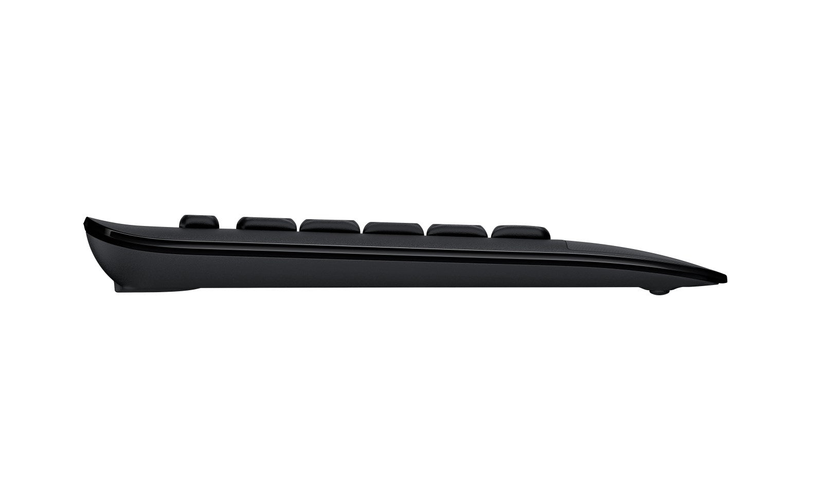 Vue de profil latéral d'un clavier noir élégant sur fond blanc.