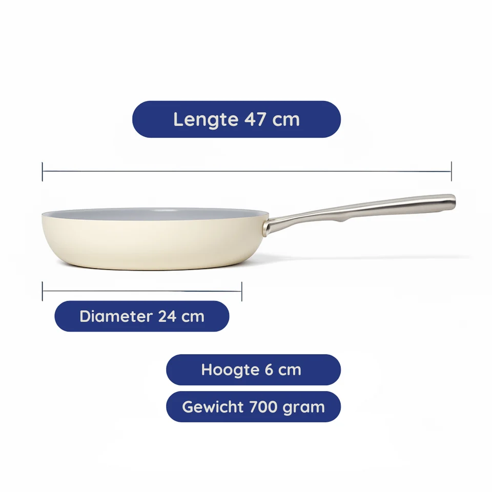 A beige frying pan with measurements: length 47 cm, diameter 24 cm, height 6 cm, and weight 700 grams.