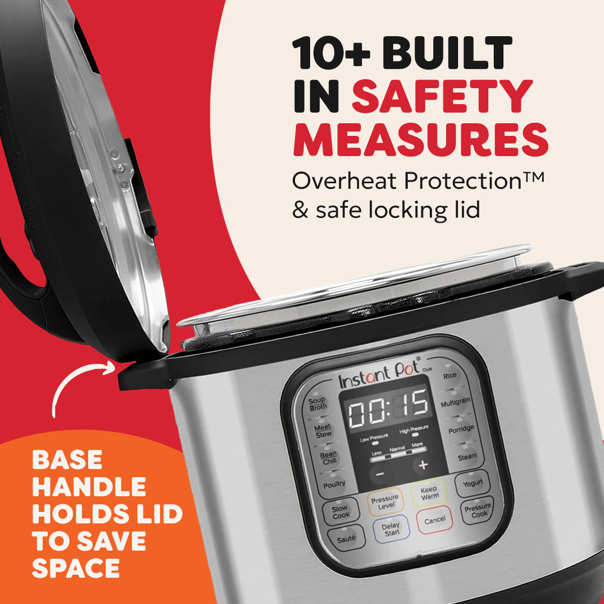 Ein Instant Pot mit offenem Deckel und digitalem Bedienfeld, hervorgehoben durch erklärenden Text.