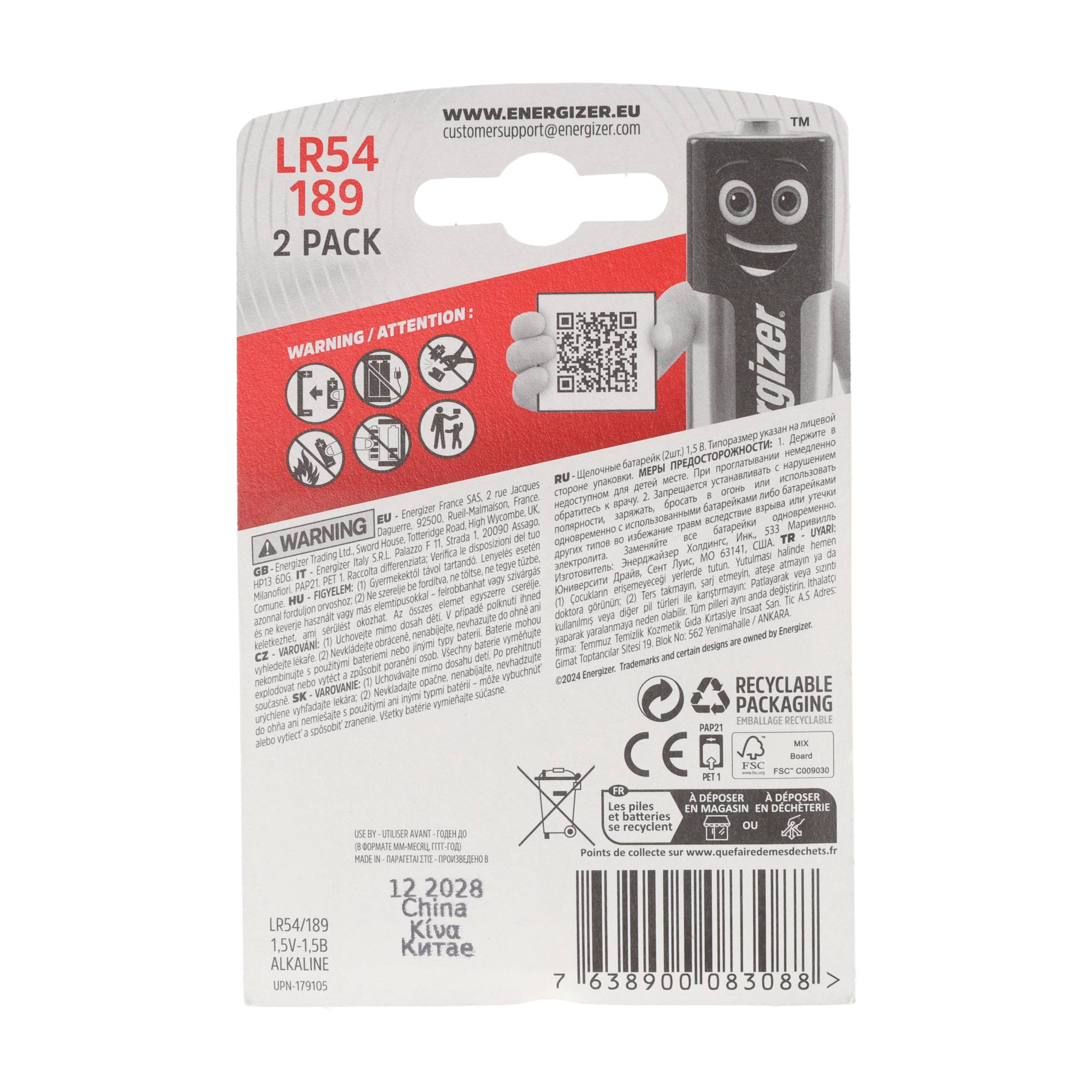 Envase de dos pilas Energizer LR54/189 con advertencias y símbolos de reciclaje.