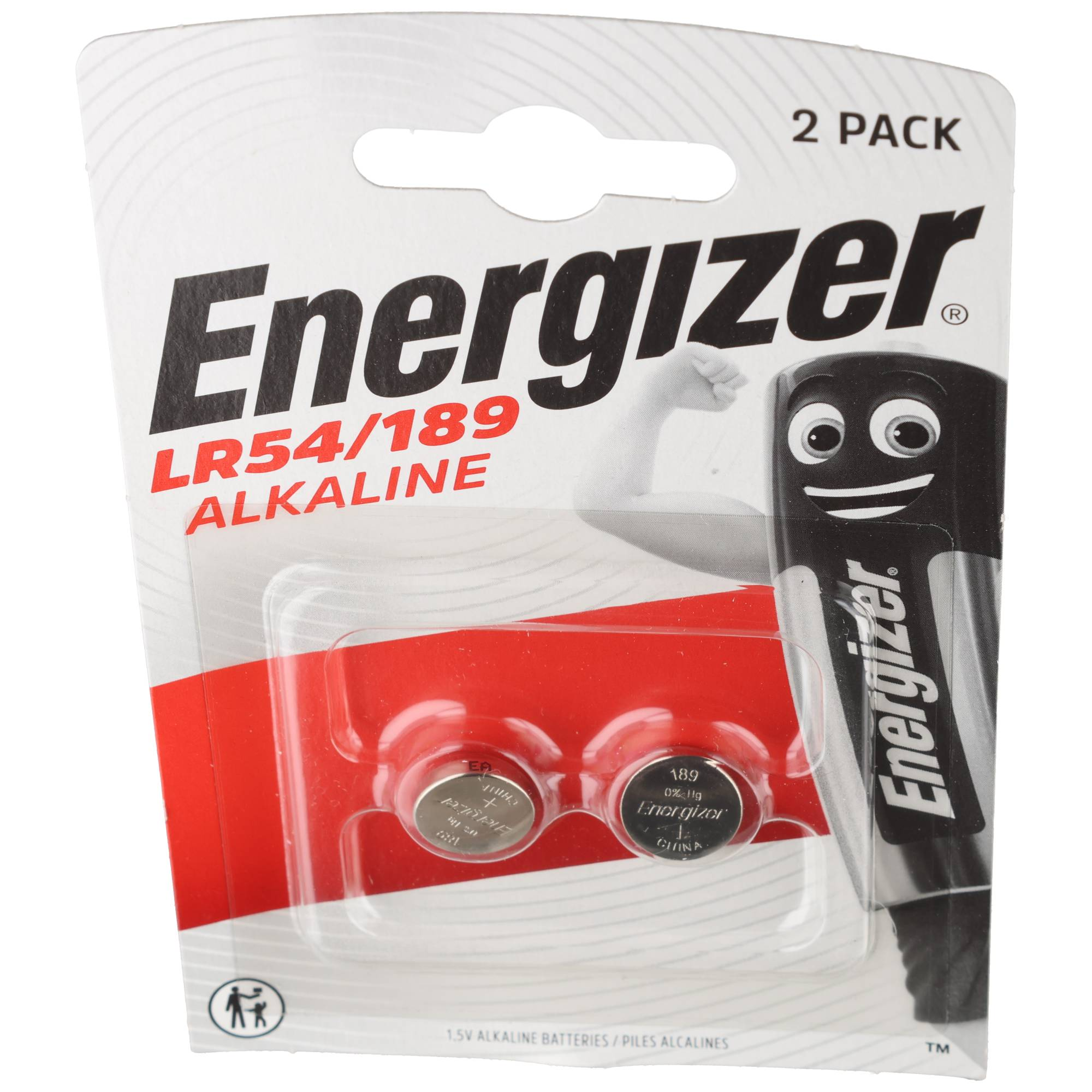 Pilas alcalinas Energizer LR54/189 en paquete de 2 unidades con mascota.