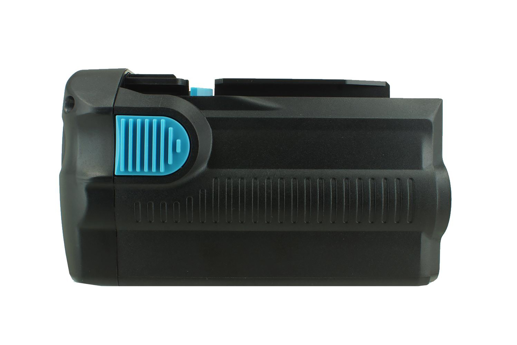 Batería recargable negra con botones azules sobre fondo blanco.