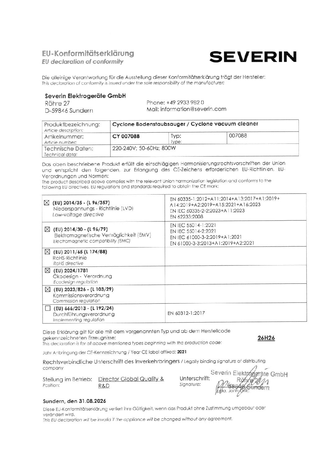 Deklaracja zgodności UE Severin dla odkurzacza cyklonowego z danymi technicznymi.
