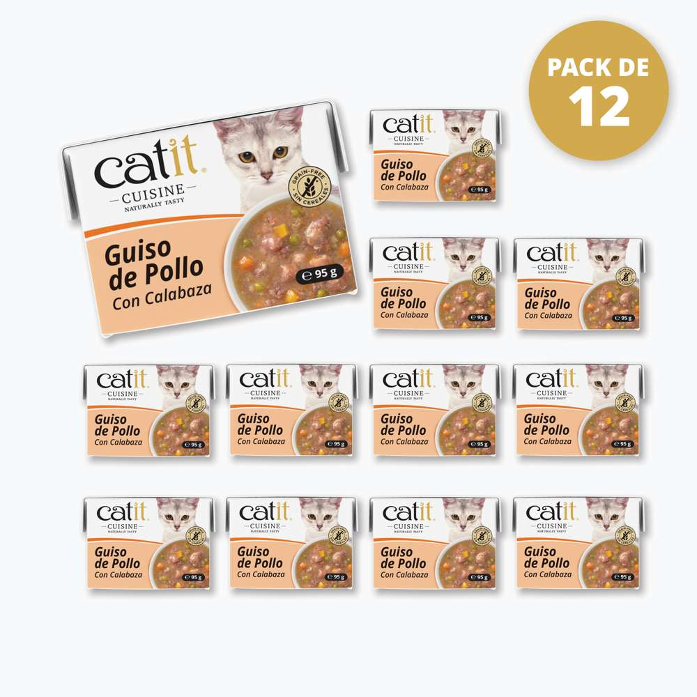 Doce latas de comida para gatos Catit Guiso de Pollo con Calabaza sobre fondo blanco con un sello amarillo.