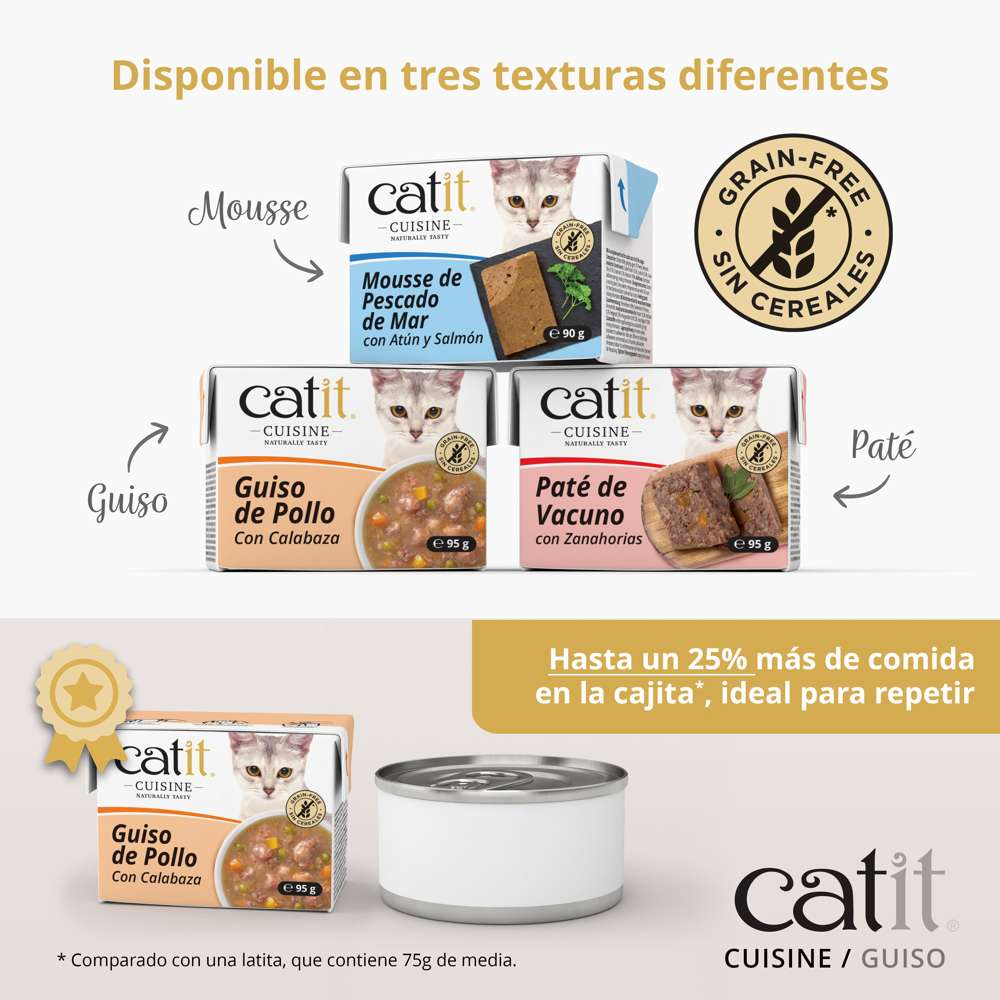 Comida para gatos Catit en tres texturas: mousse, guiso y paté, sin cereales y en prácticos envases.