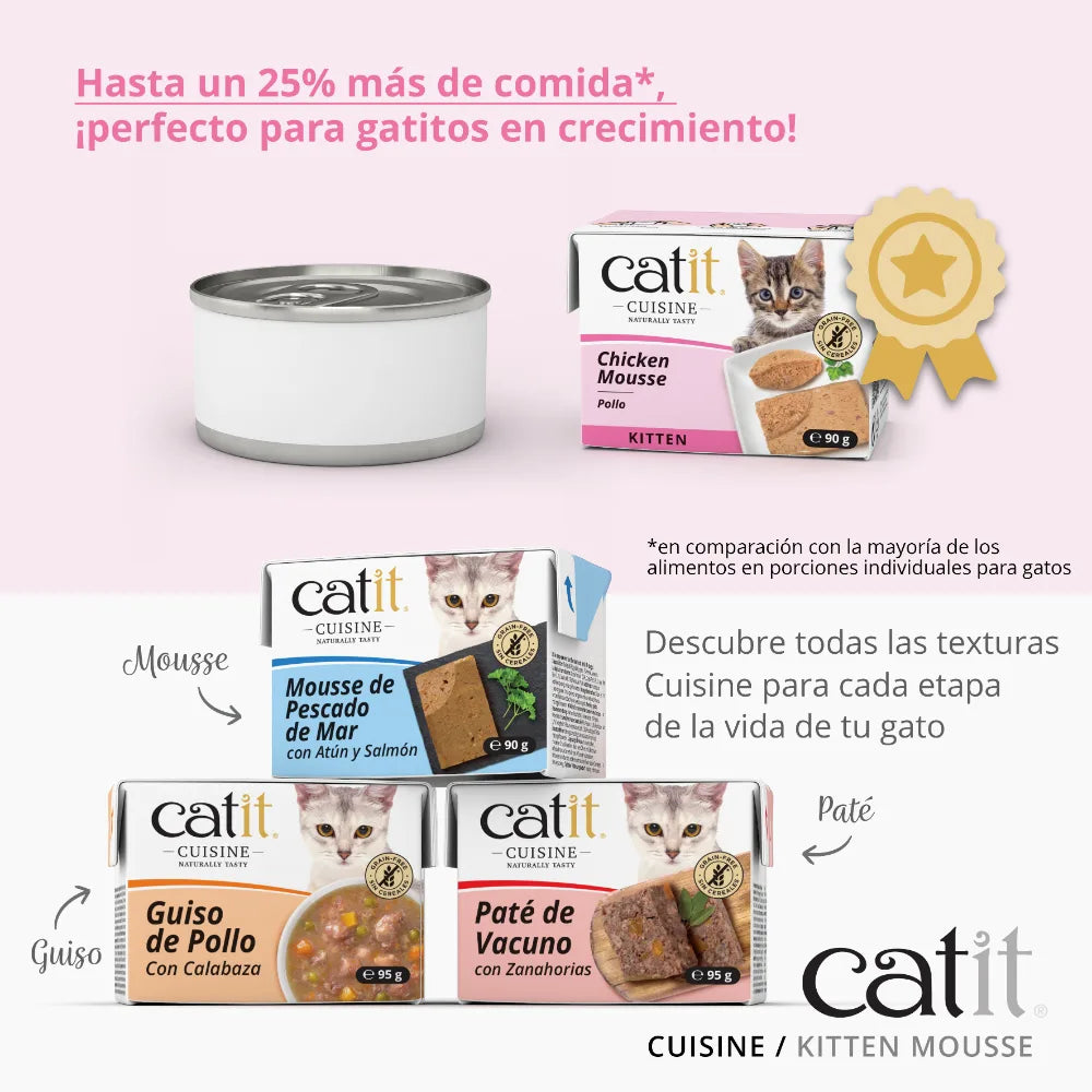 Productos de comida para gatos Catit Cuisine sobre fondo rosa con texto promocional en español.