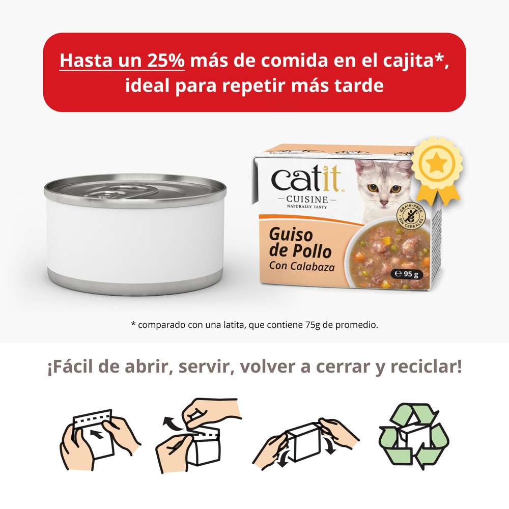 Guiso de pollo con calabaza de Catit Cuisine en envase con pasos de reciclaje.