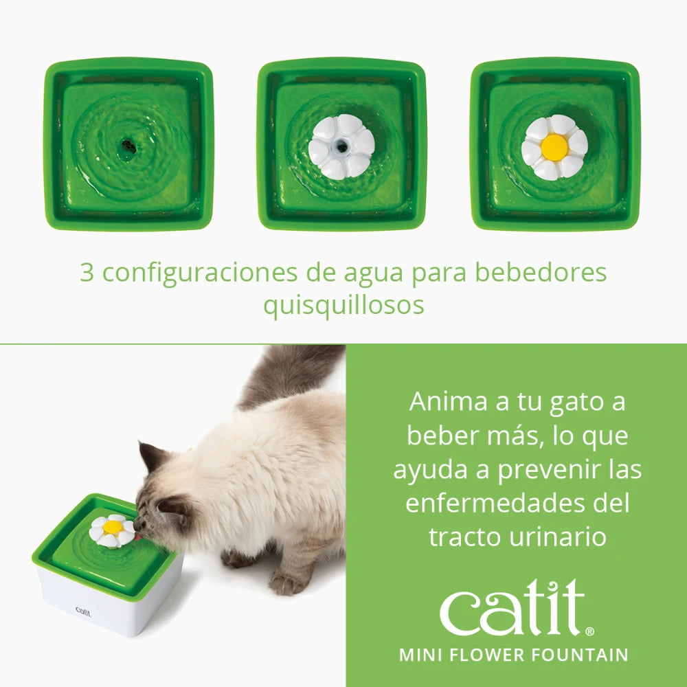 Un gato bebe de una fuente de agua verde con flor, que ofrece tres configuraciones.