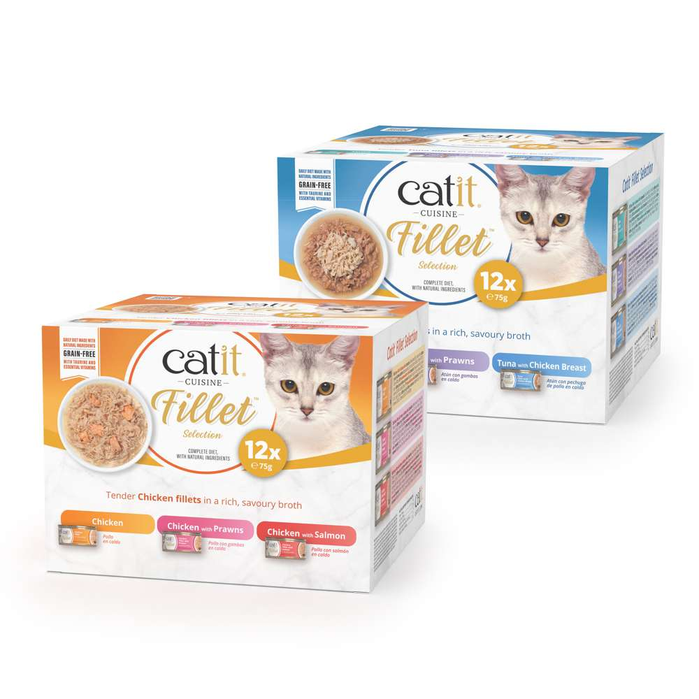 Dos cajas blancas de comida para gatos con foto de gato y muestra de comida sobre fondo blanco.