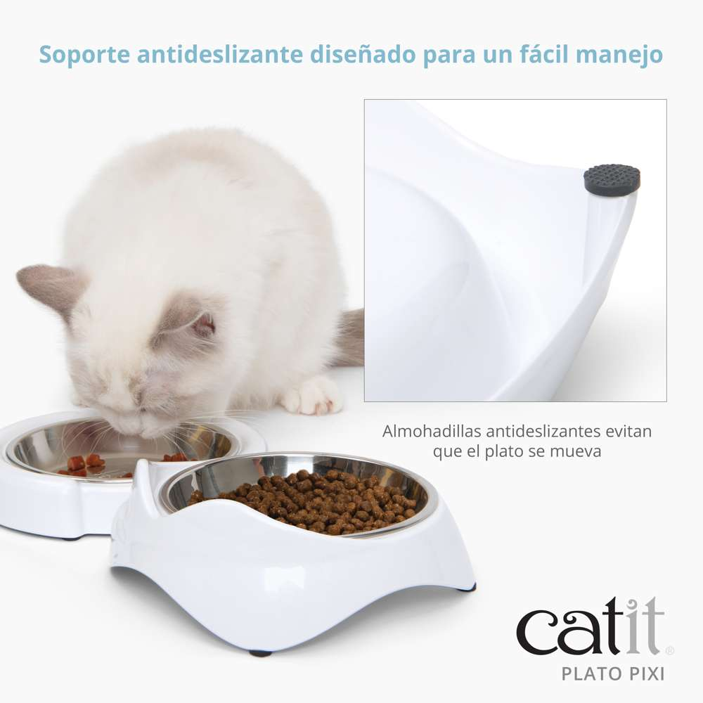 Gato comiendo de un plato doble con patas de goma antideslizantes.