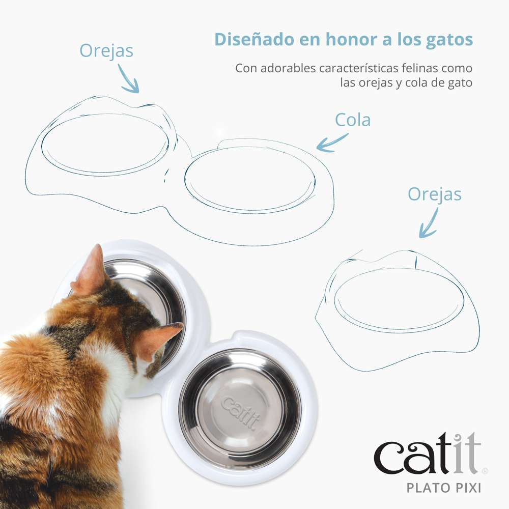 Un gato come de un plato doble con diseño de orejas y cola de gato.