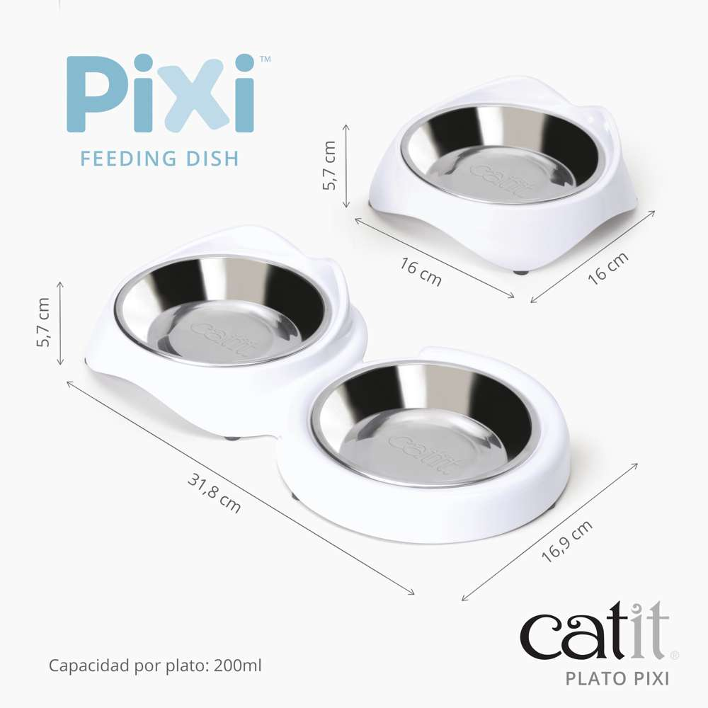 Dimensiones del comedero Catit Pixi con cuencos blancos individuales y dobles.
